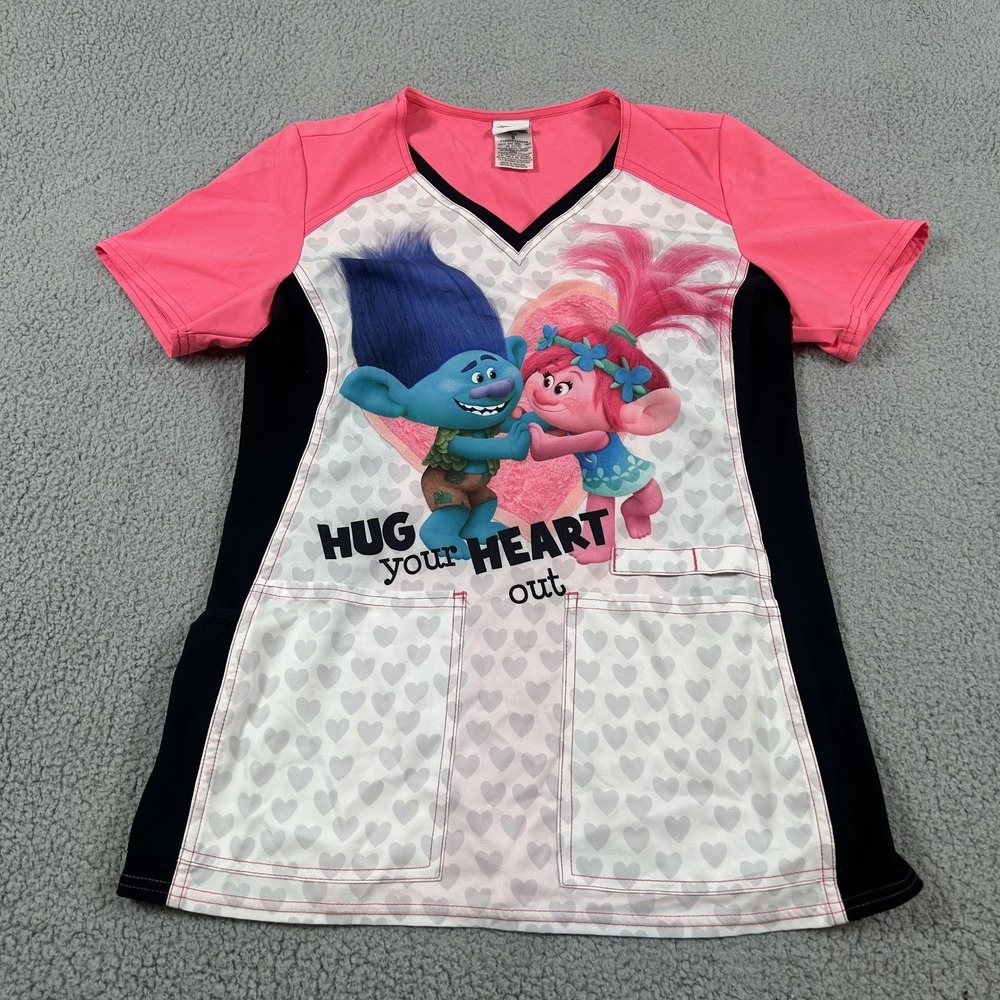 DreamWorks Trolls Scrub Top Womens Small Pink Hug Your Heart V Neck Graphic